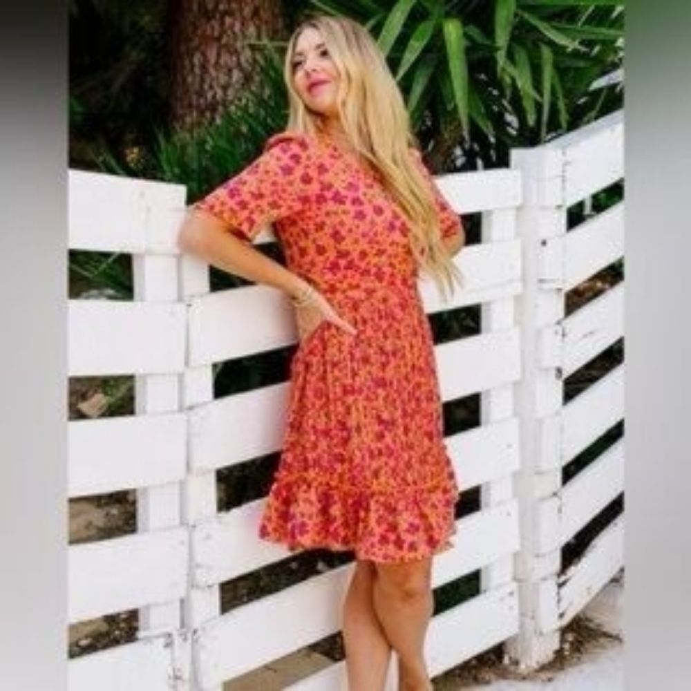 Ivy City Co. Raven Pink Orange Floral Pleated Ruffle Coquette Dress Size 12